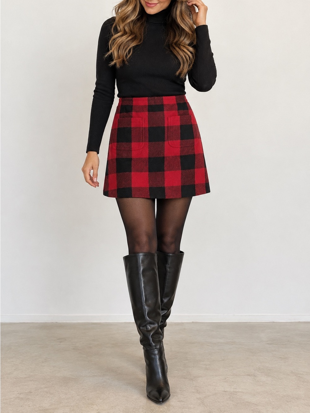 J. Crew buffalo plaid wool blend skirt black red size 8